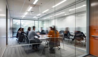 Wall Mural - Corporate, boardroom and business group meeting in an office for partnership planning, discussion and marketing strategy People, silhouette and blurred background for brainstorming and collaboration