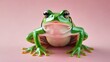 image of a 3D model of a green frog on a matte pastel background