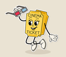 Wall Mural - Retro cinema sticker. Ticket with 3d glasses. Film and series industry. Emoji and emoticon. Poster or banner for website. Cartoon flat vector illustration isolated on beige background