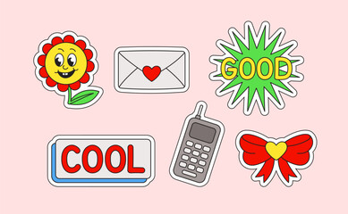 Wall Mural - retro stickers set. flower, bow and mobile phone. smileys and emotions for social networks. template