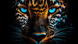 a leopard with blue eyes and a black background