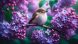 A horizontal image showing a close-up of a miniature bird resting on a branch of a blooming lilac. A bird with meticulous attention to detail, from the texture of its feathers to the sparkle of its ey