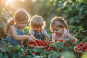 Wall Mural - Children picks strawberries in a sunlit orchard