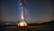 Lonely camper in a tent under milkyway with twinkling stars in the background
