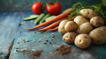 Wall Mural - colorful display of various fresh vegetables laid out on a blue surface, sprinkled with herbs and spices.