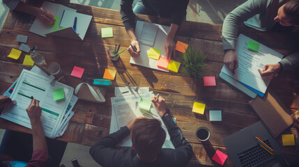 Wall Mural - top view of a busy work table during a team meeting, with hands of diverse people working with color