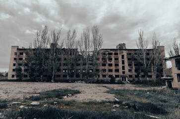 destroyed school building in Ukraine