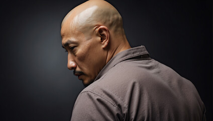 Bald Asian man on dark background