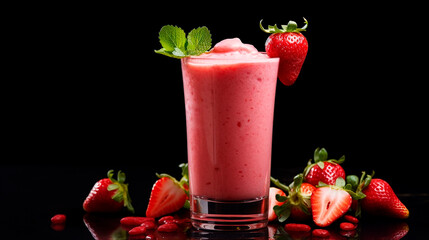 Wall Mural - a glass of strawberry smoothie with a straw and mint leaves