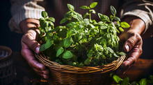 Close-up Of A Person's Hands Gently Holding A Wicker Basket Full Of Fresh, Green Basil Leaves, With A Warm Sunlight Illuminating The Foliage.AI Generated.