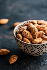 Sticker - Ceramic bowl with brown almond on a black background. Copy space.