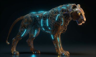 Digital lioness in glowing neon wires background. Feline 3d robot lion with glowing cyber skin in dark and lines in circuit boards on skin