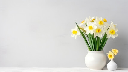 Wall Mural - Spring composition of a bouquet of flowers in a vase of daffodils, with copy space on a white background