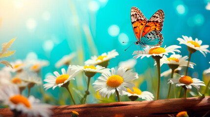 Wall Mural - a butterfly flying over a field of flowers