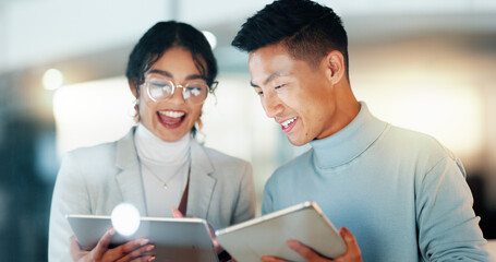 Friends, collaboration and happy with work on tablet, technology and digital transformation for business. Diverse team, professional and strategy with development, website design and ui, ux interface