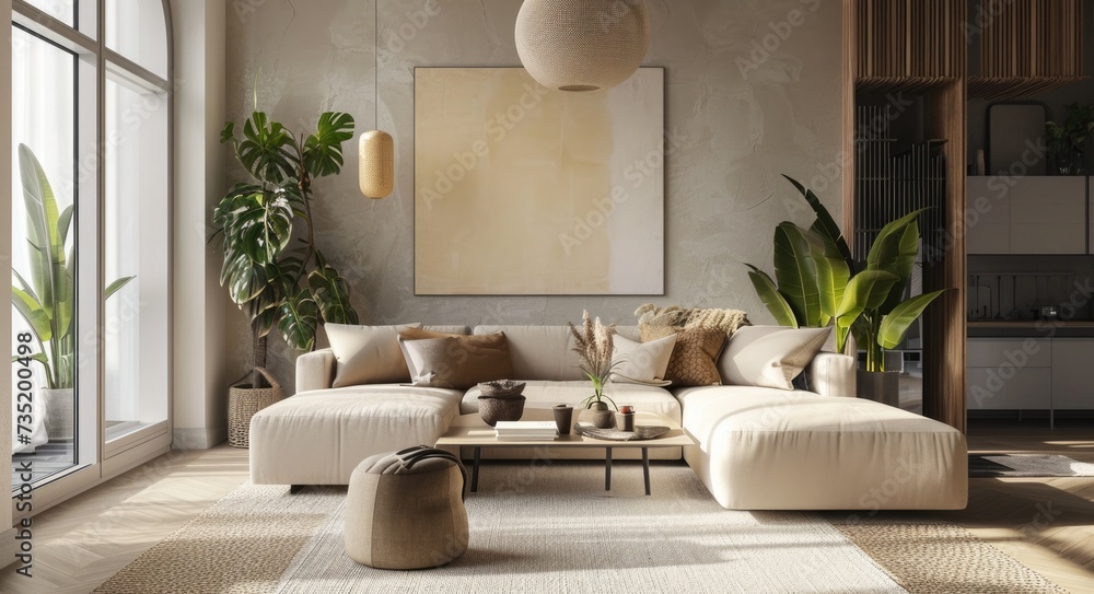 Minimalist Elegance: Japandi Living Room with Cozy Beige Sofa and ...