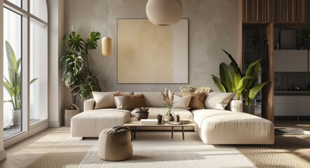 Minimalist Elegance: Japandi Living Room with Cozy Beige Sofa and Contemporary Furniture