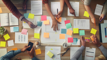 Wall Mural - top view of a busy work table during a team meeting, with hands of diverse people working with color
