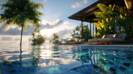 Poster - A tranquil pool with a comfortable lounge chair and a scenic backdrop of trees. Perfect for relaxation and enjoying the outdoors