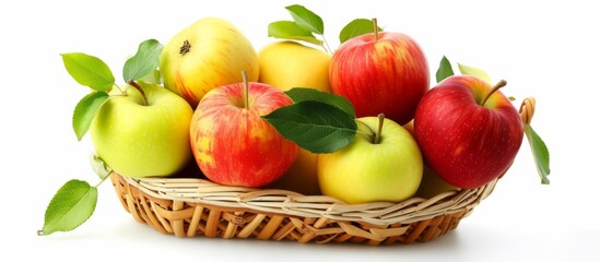 Wall Mural - A basket filled with fresh apples and green leaves, showcasing natural foods and staple ingredients for recipes in various cuisines.