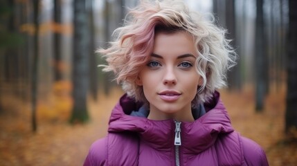 Wall Mural - A young woman with white curly hair in a purple jacket stands in the forest and looks at the camera