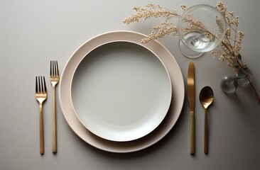 Sticker - an empty dinner plate, silverware, and candle stand on grey table