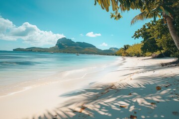 Canvas Print - A picturesque sandy beach with tall palm trees and a majestic mountain in the distance. Ideal for travel and vacation concepts