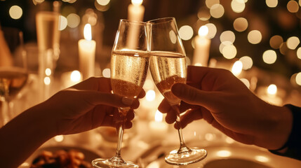 Wall Mural - hands clinking champagne glasses in a celebratory toast, with a backdrop of golden bokeh and candlelight on a dining table.