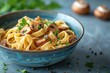© visoot - Pasta with boletus mushrooms in a blue bowl minimalist on a blue-colored table. Generative AI.