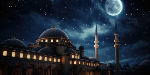 A captivating night view of a mosque with a full moon in the sky. Perfect for religious or cultural themes