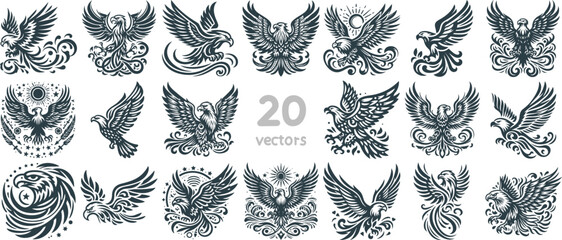 Wall Mural - bird eagle simple vector monochrome drawing on white background collection of images