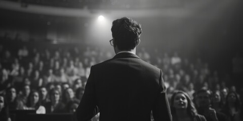 Wall Mural - A man in a suit standing in front of a crowd. Suitable for business presentations and public speaking events