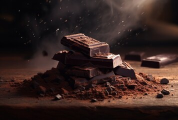 dark chocolate bar, chocolate flakes and powder on a hard wooden surface