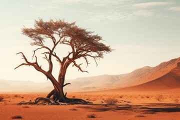 Wall Mural - A lone tree stands in the middle of a barren desert, creating a stark and isolated scene. This image can be used to depict themes of solitude, survival, and the harshness of the desert environment