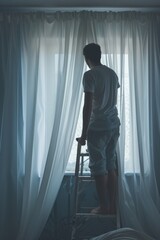 Canvas Print - A man stands on a ladder in front of a window. This image can be used to depict home maintenance, window cleaning, or renovation projects