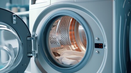 Wall Mural - A close-up view of a washing machine with the door open. This image can be used to depict household chores or laundry-related themes