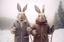Hare Couple Posing With Ski Equipment