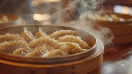 Poster - A wooden bowl filled with delicious dumplings placed on top of a table. Perfect for food and dining-related designs