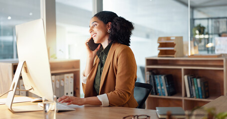 Poster - Woman, computer and phone call as receptionist for client consulting or online booking, information with smile. Female worker, communication or talking in office for service, helping or appointment