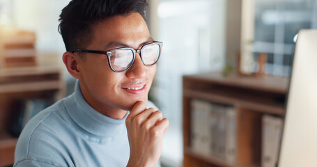 Poster - Asian man at computer, glasses and ideas, thinking and reading email, web review or article at digital agency. Research, reflection and businessman at tech startup networking on business website.