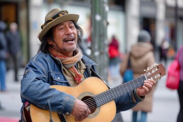 A stylish man captivates the streets with his soulful guitar melodies, adorned in a fedora and sun hat as he shares his musical gift with the city