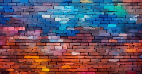 Poster - red brick wall painted in rainbow colors