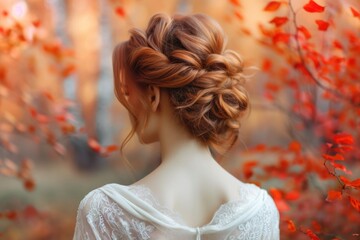 Woman with a romantic hairstyle against a background of autumn leaves