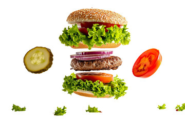 Delicious hamburger or Cheeseburger floating in the air isolated on background, junk food delivery, fast food with high calories.