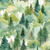 Fototapeta Natura - A seamless pattern of tree and forest wallpaper watercolor illustration design on white background. Generative AI