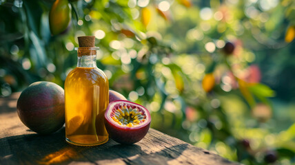 Maracuja oil in a glass bottle, with fresh passion fruits on a rustic wooden table, garden background with copy space. Natural wellness, aromatherapy and organic skin care concept