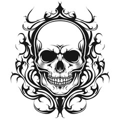 Wall Mural - A skull tattoo outline black and white illustration design on white background. Generative AI