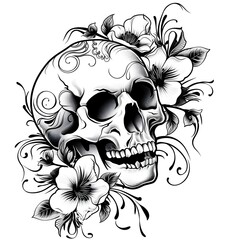 Wall Mural - A skull tattoo outline black and white illustration design on white background. Generative AI