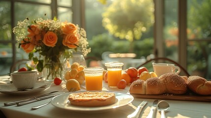 Poster - Meticulous breakfast table set for family. Generative AI.