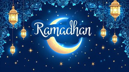 Wall Mural - Ramadan wishes set against a blue background with Arabic lanterns and a moon